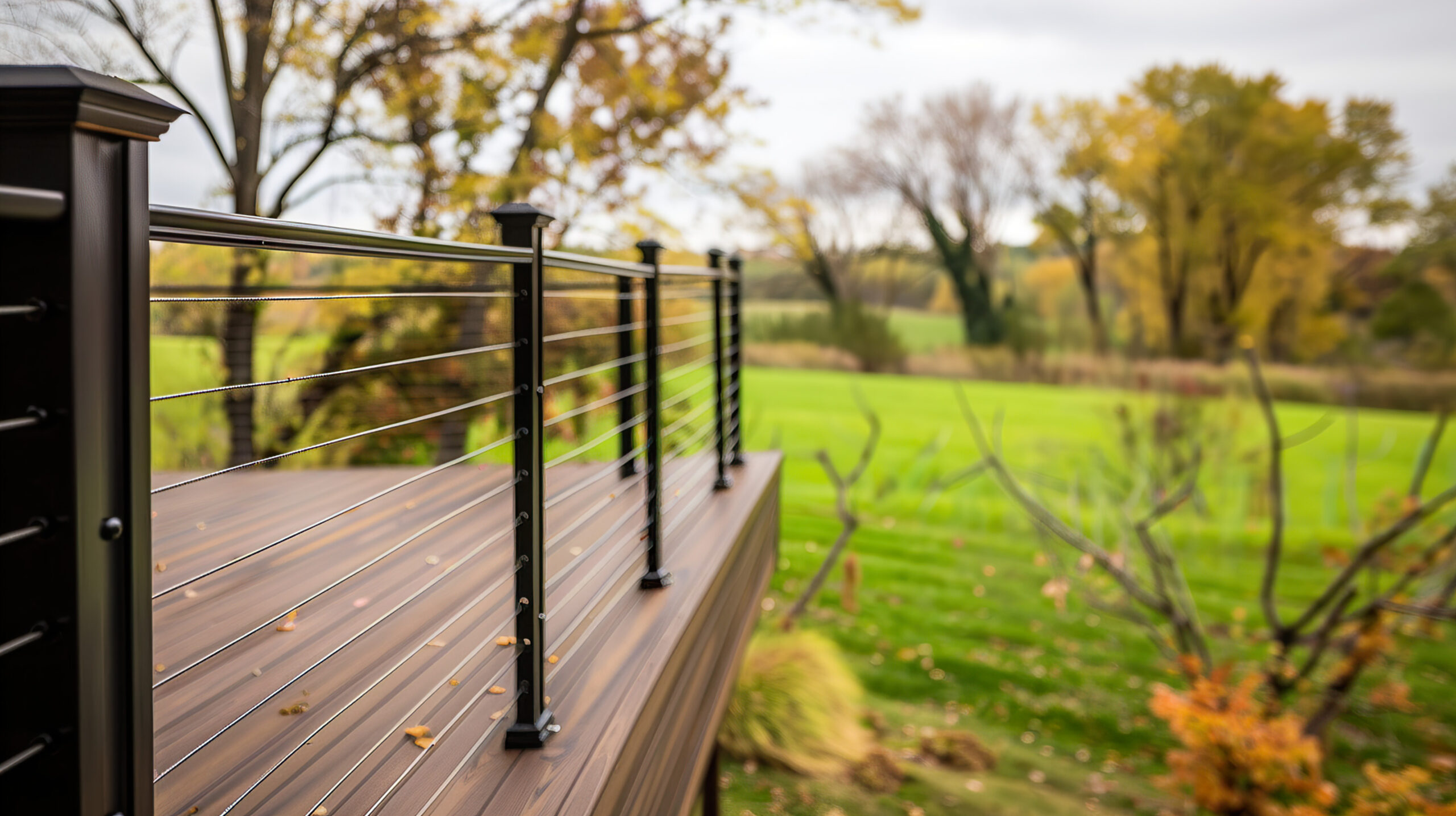 A wooden deck with custom railings of sleek cable design overlooks a lush, green grassy area. Trees with autumn leaves surround the scene under a cloudy sky, creating a serene and natural setting.